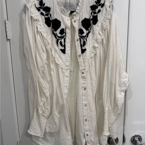 Free People White and Black Embroidered Women's Top